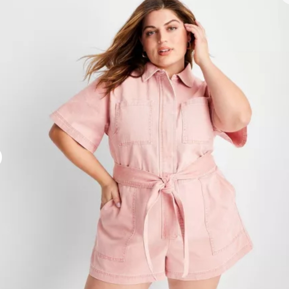 Future Collective Pink Jean Short Sleeve Romper New Without Tags,Belted